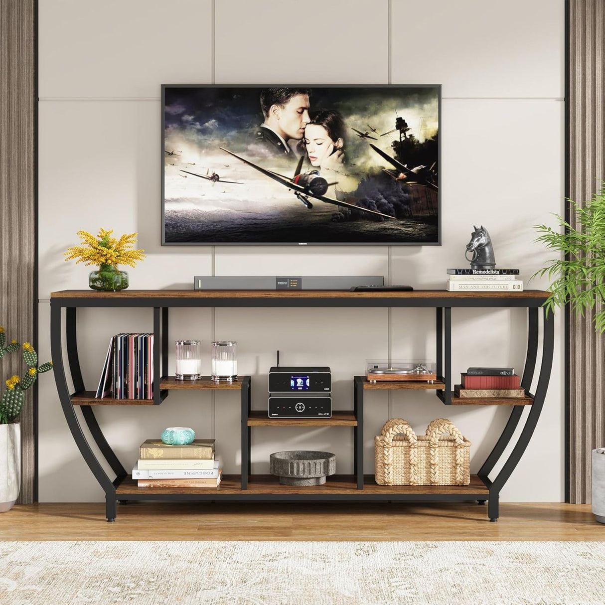 Extra Long Entryway Console Sofa Table With 7 Tier Shelves - Brown / Black