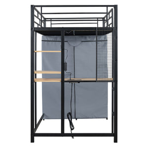 Loft Bed With Desk, Shelves, Power Outlet, LED Light And Wardrobe