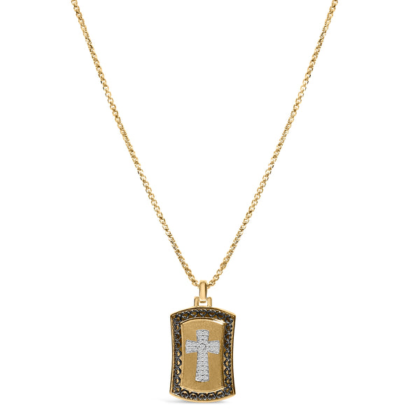 14K Yellow Gold Plated Sterling Silver 1/4 Cttw Diamond Cross Dog Tag Pendant Necklace