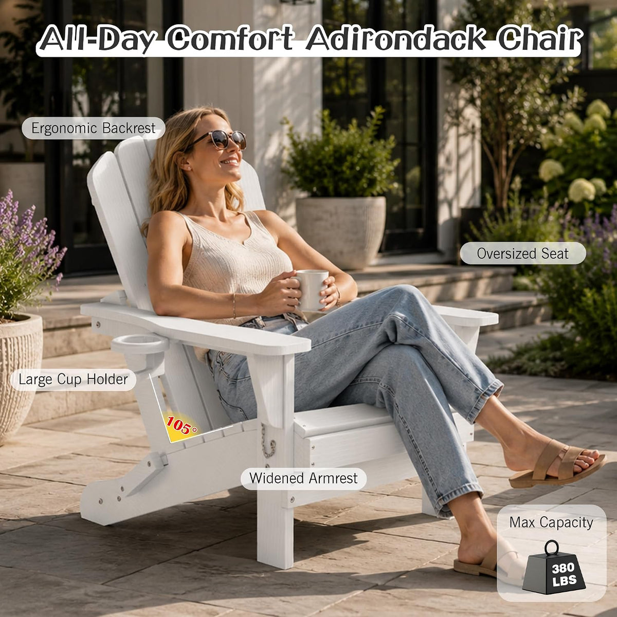 Adirondack Chairs Set of 2 with Folding Design and Cup Holder - White