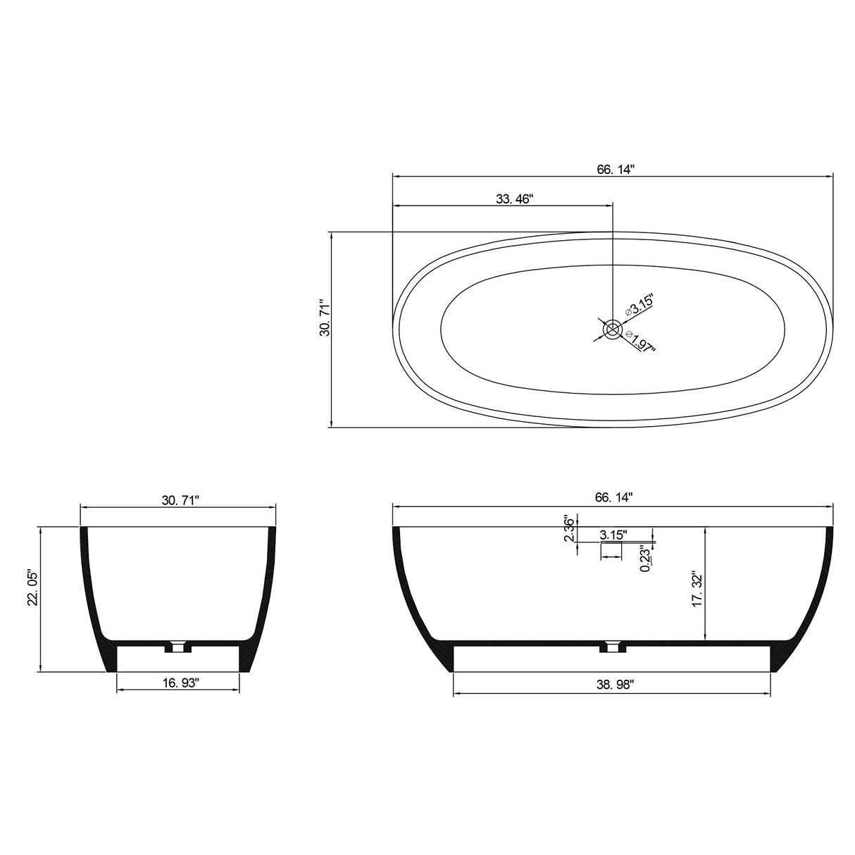 67 in. x 31 in. Oval Freestanding Solid Surface Soaking Bathtub with Center Drain in Matte