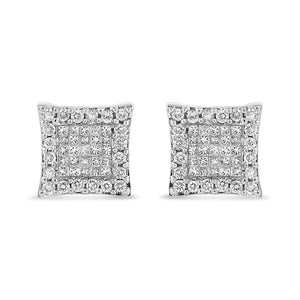 18K White Gold 1.00 Cttw Round and Princess-Cut Diamond Halo Square Stud Earring (G-H Color, SI1-SI2 Clarity)
