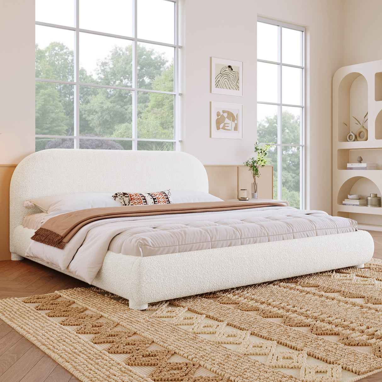 Cream Style Fabric Upholstered Bed, Simple Modern Bedroom Double Bed, Queen