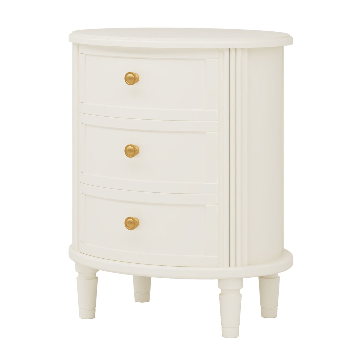 Oval Nightstand With 3 Drawers, Bedside Table - White