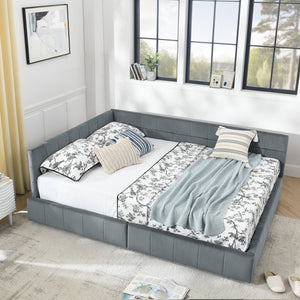 Mid-Century Storage Upholstered Tufted Bed Frame with Backrest and Armrests