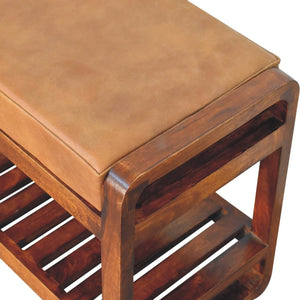 Solid Wood Small Buffalo Slatted Bench, Leather Upholstered, Open Storage