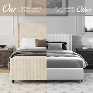 Upholstered Bed Frame With Vertical Stripe Wingback And High Footboard