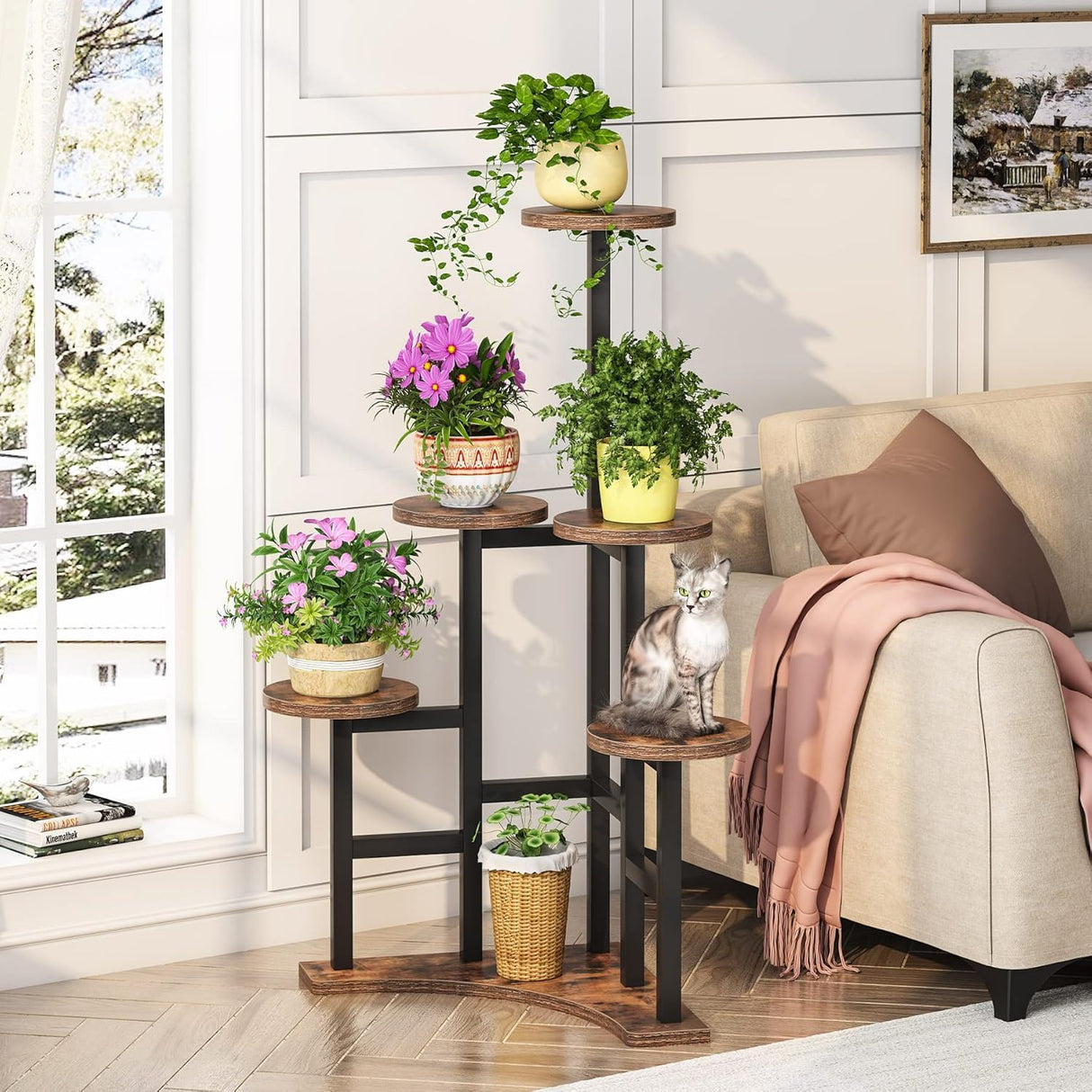 6 Tier Corner Plant Shelf With Frame For Living Room - Rustic Brown