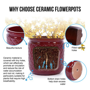 3 Pieces Ceramic Flowerpot, Planter For Patio & Garden Or Windowsills - Bean Paste Red