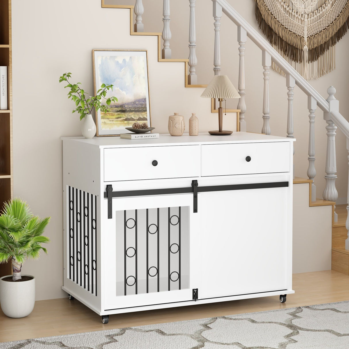 Dog Crate Furniture With Double Drawers And Sliding Barn Door, Pet Kennel For Small To Medium Dogs - White