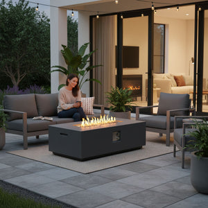 Volon - Rectangular Fire Pit Table, Propane Powered, 50,000 BTU - Light Gray