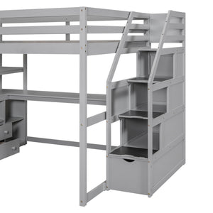 Loft Bed With Desk, Shelves, 2 Drawers, Storage Staircase