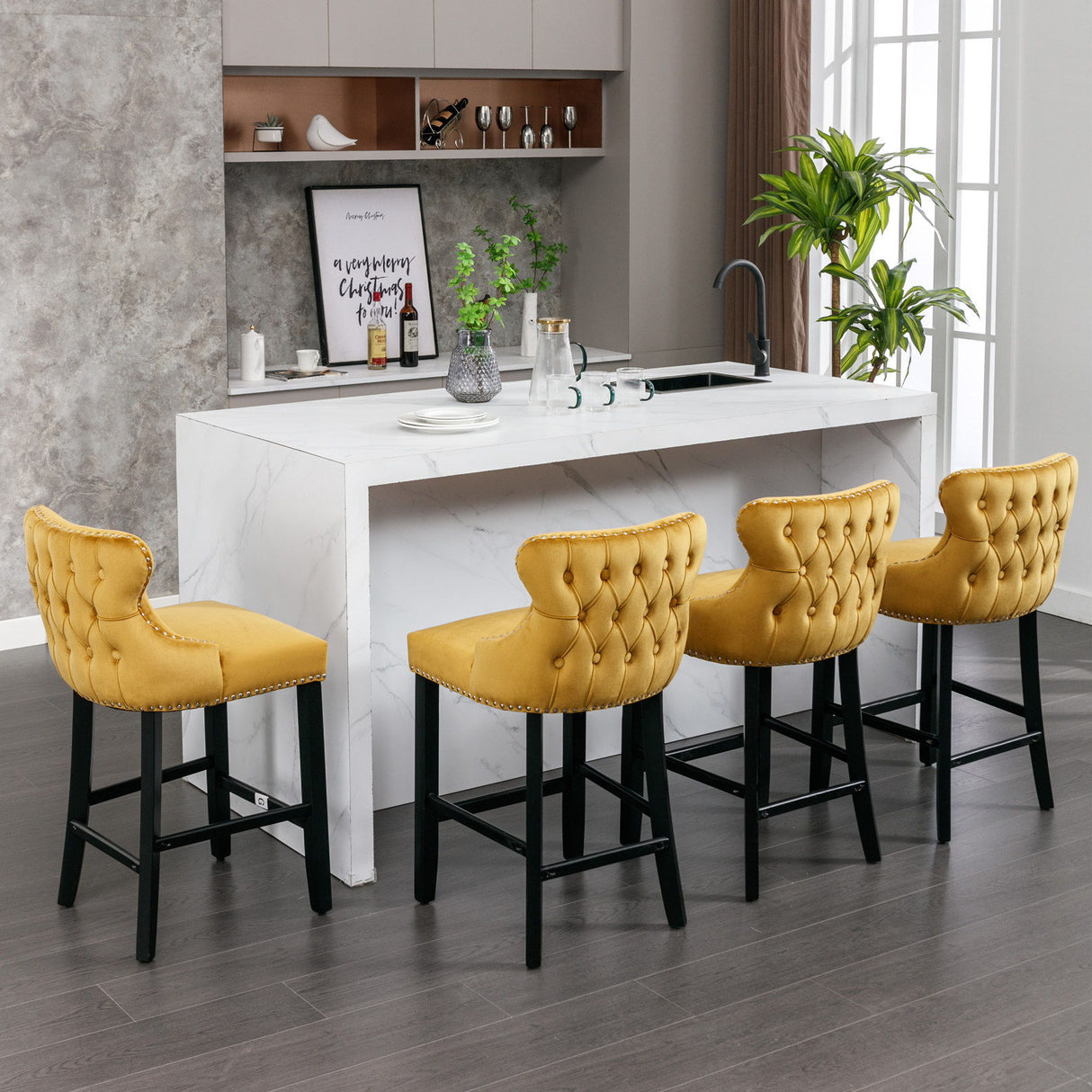 Contemporary Upholstered Wing-Back Barstools With Button Tufted Decoration And Wooden Legs, And Nailhead Trim, Leisure Style Bar Chairs, Bar Stools (Set of 2)