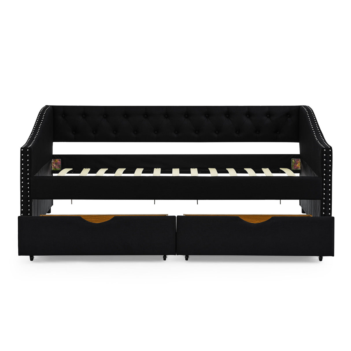 Upholstered Tufted Daybed With 2 Drawers, Waved Arms