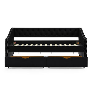 Upholstered Tufted Daybed With 2 Drawers, Waved Arms