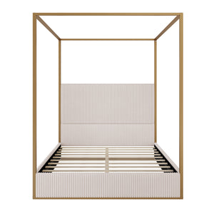Plush Corduroy Tall Headboard Gold Canopy Bed Frame
