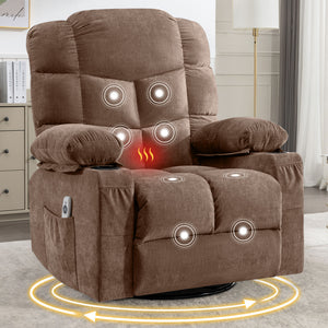 Oversized Massage Swivel Recliner Chair with Lumbar Heating, Cup Holders & USB - Brown or Gray