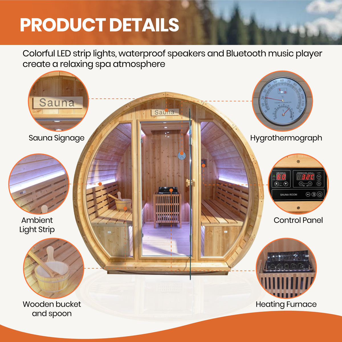 9000W 240V Finnish Carbonized Spruce 4-6 Person Outdoor Sauna Room