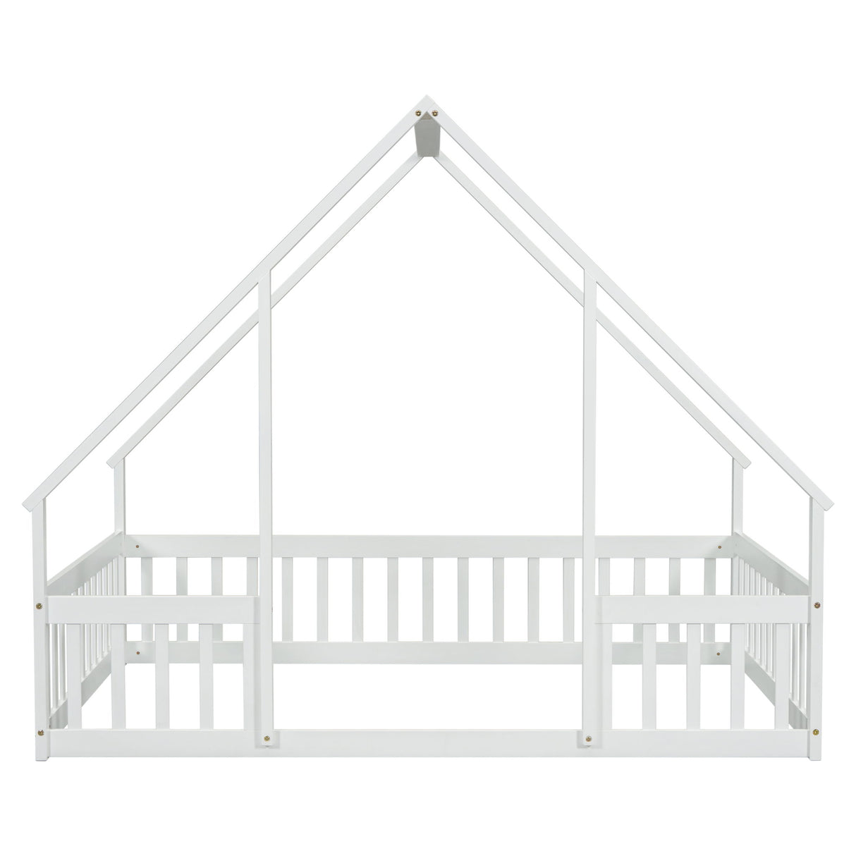 Wood House-Shaped Floor Bed With Fence, Guardrails