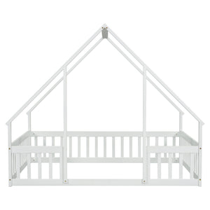 Wood House-Shaped Floor Bed With Fence, Guardrails