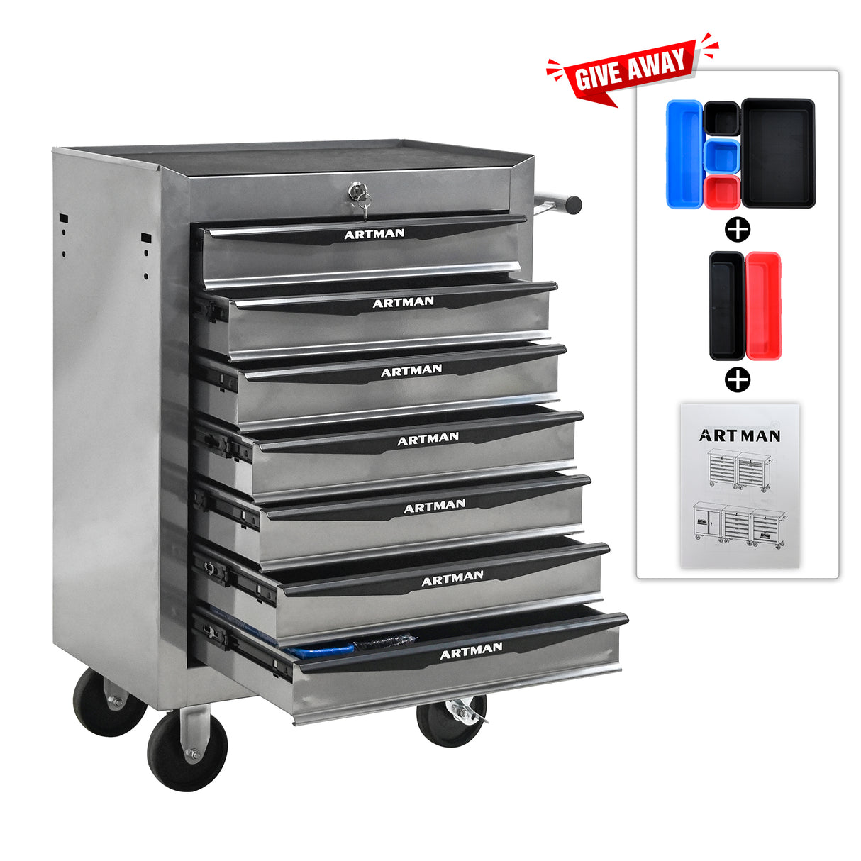 Rolling Metal Tool Chest with 7 Drawers, 20" Cabinet Silver