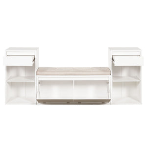 Entryway Storage Bench With Cushion, Drawers & Open Shelves