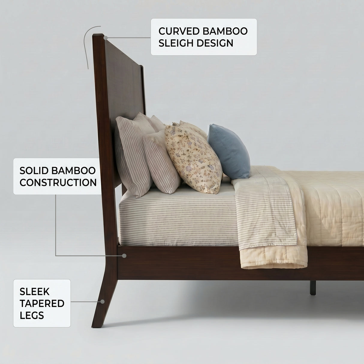 Mid-Century Modern Solid Bamboo Wood King Size Platform Bed