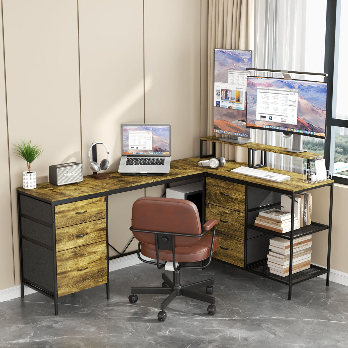 Industrial L Shaped Computer Desk With Power Outlets & USB-C, 6 Fabric Drawers, 3 Open Shelves, Movable Monitor Stands - Brown