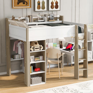 Loft Bed With Built In Storage Shelves, Clothes Rail, And Desk
