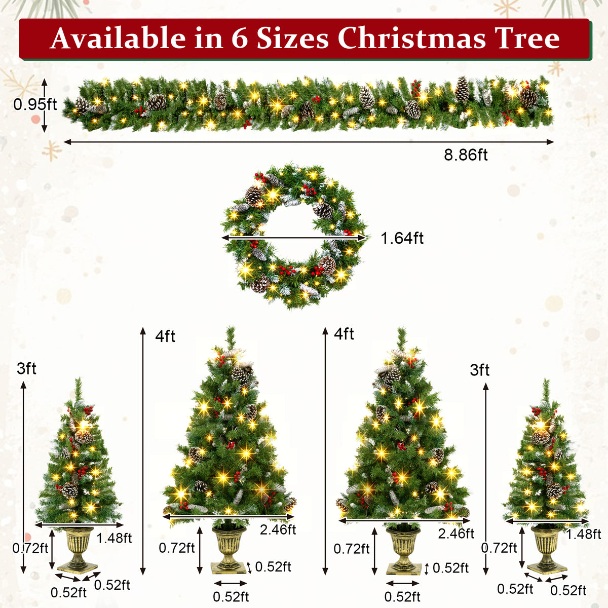 6-Piece Christmas Tree Set – 4 Trees with Sturdy Bases, 1 Pre-Lit Wreath, 1 Garland, Warm