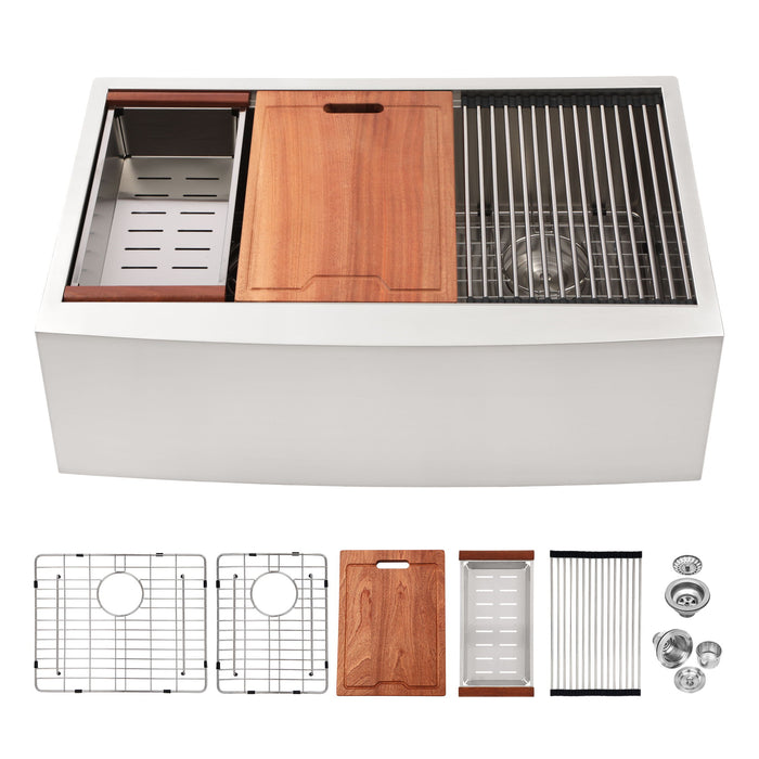 Stainless Steel Double Bowl Farmhouse Sink Workstation with Accessories - Black / Gray