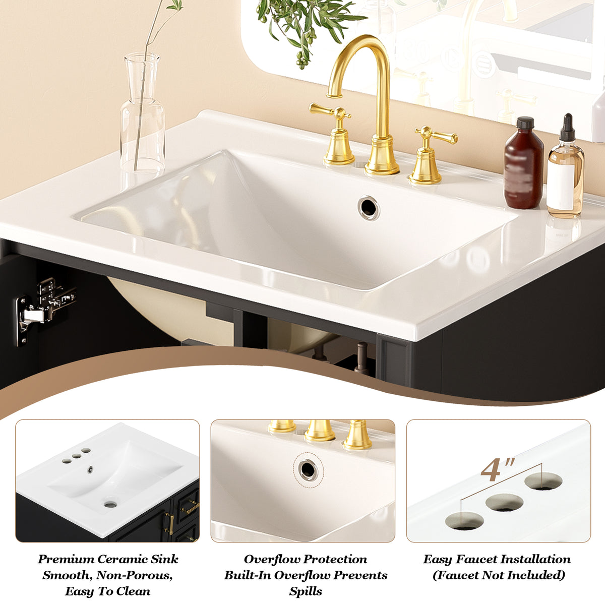 24" Modern Bathroom Vanity with Ceramic Sink, Soft-Close Doors & Drawers - Black