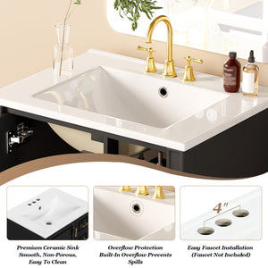 24" Modern Bathroom Vanity with Ceramic Sink, Soft-Close Doors & Drawers - Black