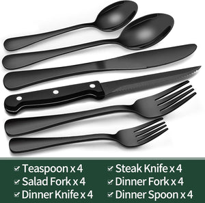 24 Piece Black Stainless Steel Cutlery Set for 4 with Steak Knives