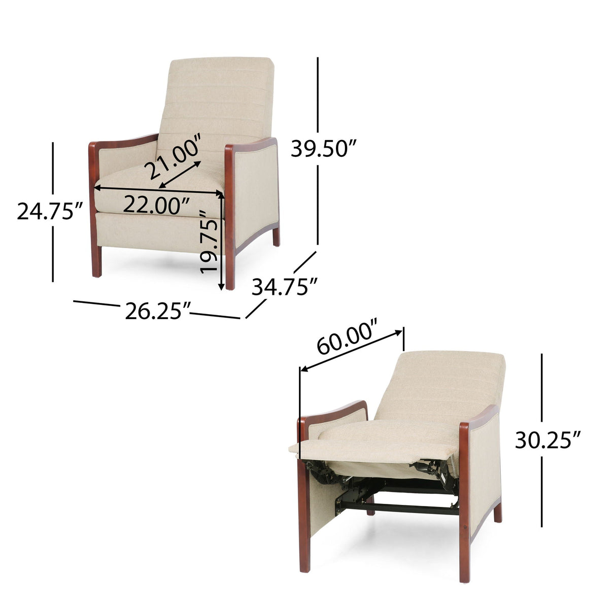Mid Century Modern Fabric Channel Stitch Wood Pushback Recliner - Best Buy Furniture
