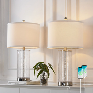 Modern Nickel Glass and Metal Table Lamp Set of 2 with USB, 23.25-Inch