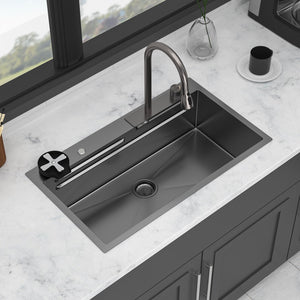 33" Stainless Steel Single Bowl Kitchen Sink With Waterfall Flow