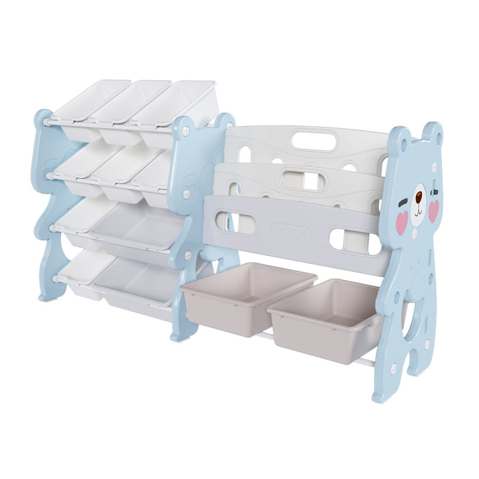 Kids Toy Storage Organizer With 2 Tier Bookshelf and 12 Toy Bins - Light Blue or Pink