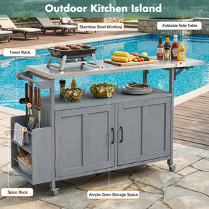 Foldable Outdoor Kitchen Island With Lockable Wheels, Storage Cabinet And Towel Rack For Patio