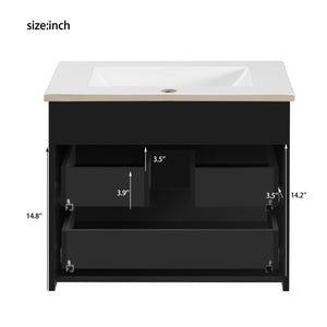 Wall Mounted Floating Cabinet With Double Drawer, Rectangular Sink