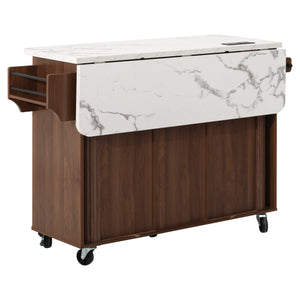 K&K 53.5" Kitchen Island with Sliding Doors, Drop Leaf, Power Outlet, Walnut Brown