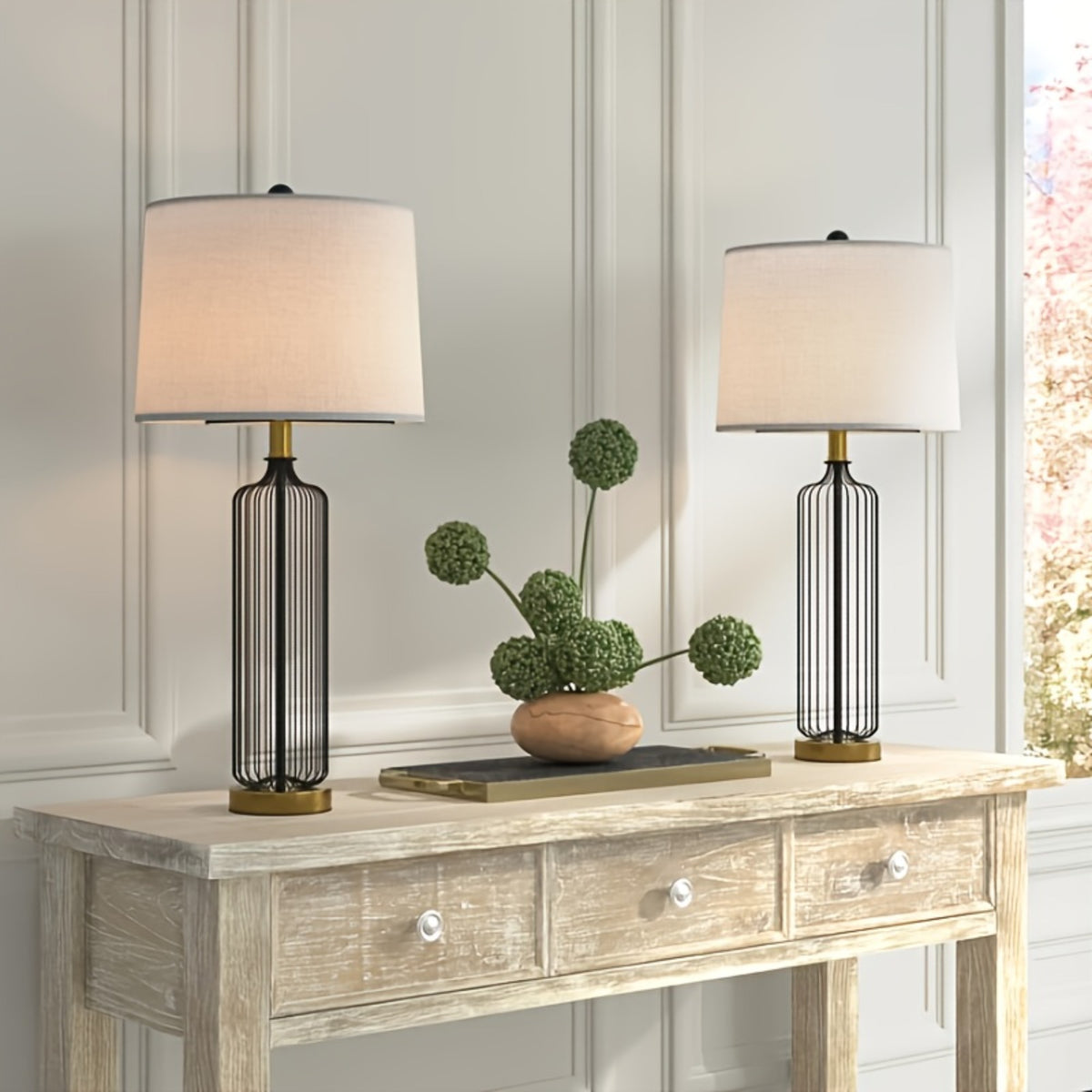 28-Inch Cage Table Lamp Set of 2, Black Metal with 3-Way Dimmable