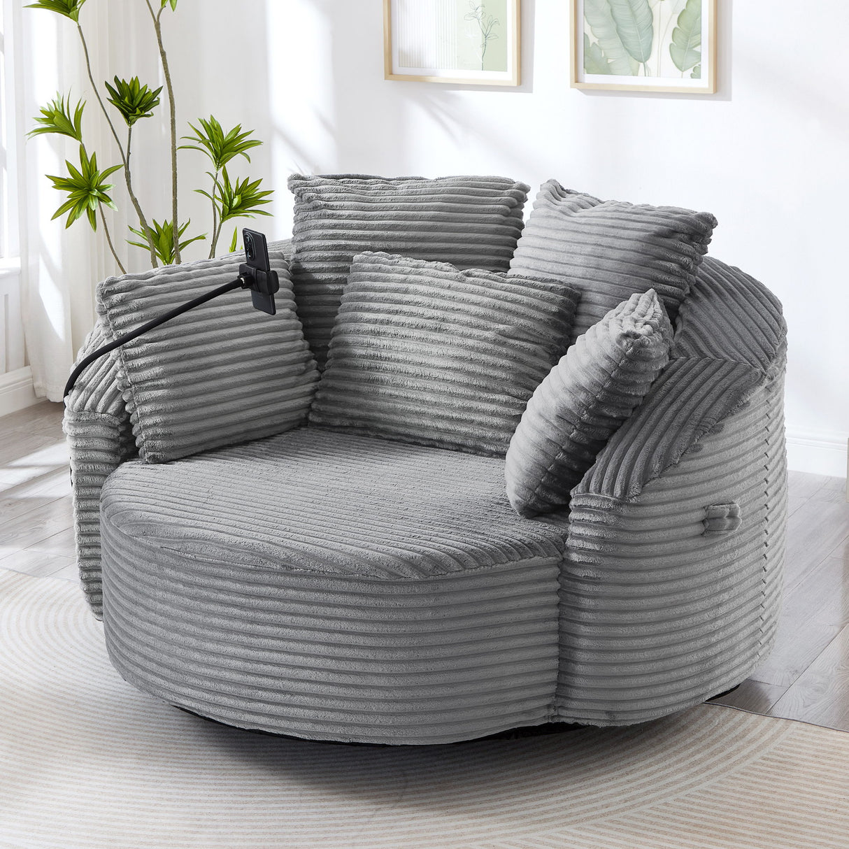 Swivel Accent Barrel Chair With Adjustable Phone Holder, 5 Pillows For Living Room