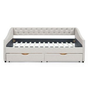 Upholstered Tufted Daybed With Drawers, Waved Arms