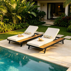 Black Iron and Teak Finish Chaise Lounge Set