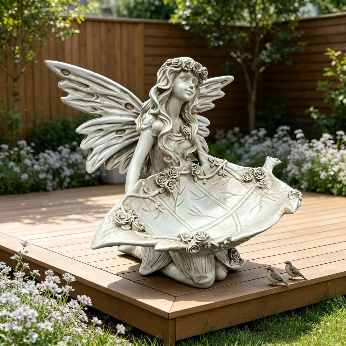 12.80" High Garden Fairy Figurine, 14.37" Wide Resin Angel Statue with Leaf Tray, Multi-Functional Bird Feeder & Decorative Tray for Outdoor & Indoor Use