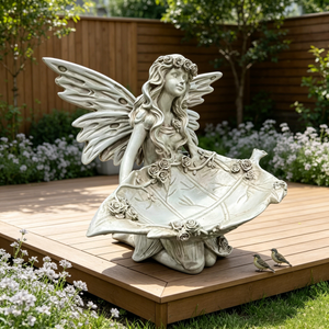 12.80" High Garden Fairy Figurine, 14.37" Wide Resin Angel Statue with Leaf Tray, Multi-Functional Bird Feeder & Decorative Tray for Outdoor & Indoor Use