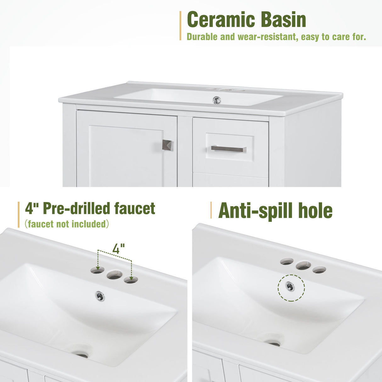 Bathroom Vanity & Tall Storage Cabinet Set With Doors, Adjustable Shelves, Soft Close Hinges, Sink