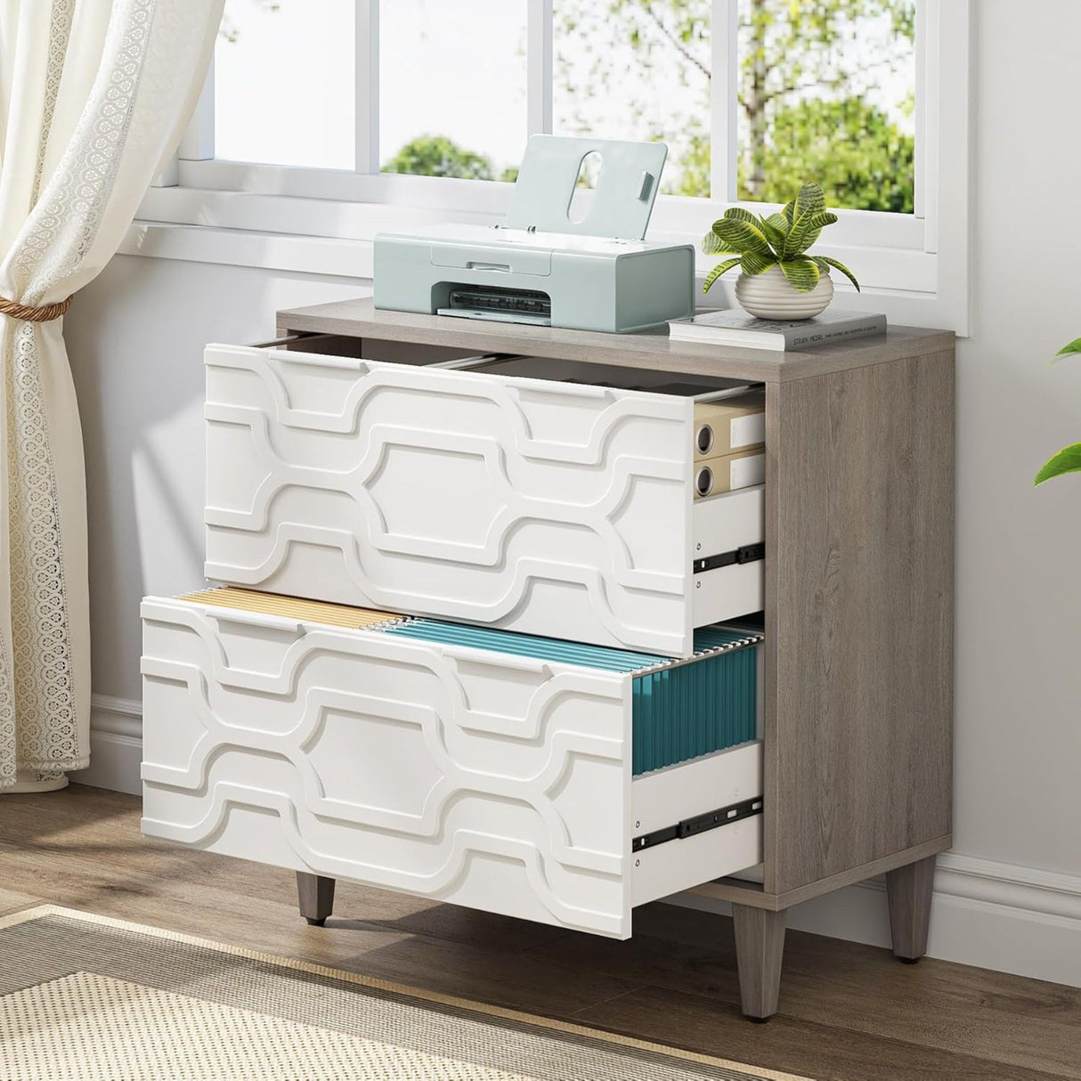 2 Drawer Lateral File Cabinet, Fits A4 / Letter / Legal - Gray / White