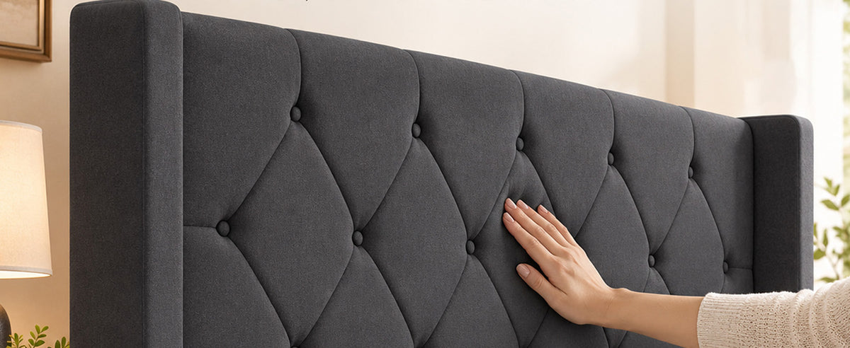 Modern Queen Size Platform Bed Frame with Tufted Velvet Headboard